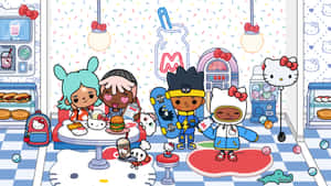 四個卡通小朋友在Hello Kitty主題餐廳吃東西和玩玩具。