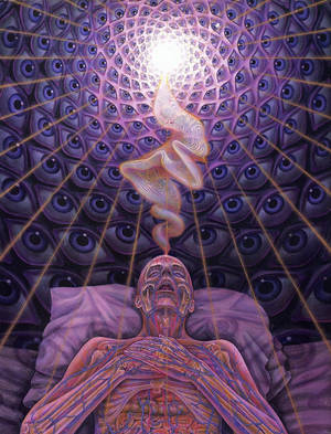 一個人躺著，發光的螺旋從他們的胸口升起，周圍環繞著眼睛。
