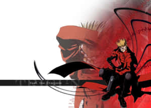 動漫角色 Vash the Stampede 身穿紅色外套，手持劍，站在抽象紅色背景前。