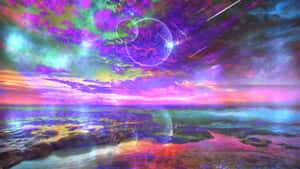 超現實的海洋，反射出色彩繽紛的宇宙天空，有星雲和星星。