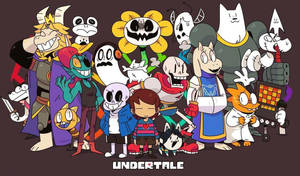 色彩繽紛的卡通群體姿勢中的Undertale角色。