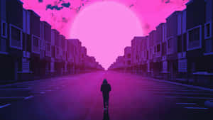 人在空蕩蕩的街道上，在巨大的粉紅色太陽下行走