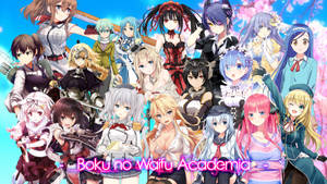 來自《Boku no Waifu Academia》的動漫角色在櫻花下一同擺姿勢。