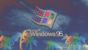 Windows 95 標誌與彩虹棕櫚樹，暮色天空下