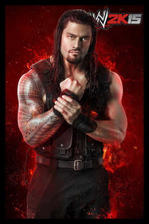 WWE 2K15遊戲藝術中帶有紋身和火焰背景的摔角手。