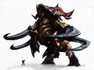 細小戰士面對有彎曲刀刃嘅巨大惡魔怪物。