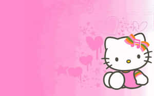 Hello Kitty 卡通角色帶住彩虹蝴蝶結喺粉紅色心形同星星背景上