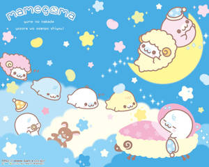 可愛的 Kawaii 羊和動物在星空雲朵中睡覺。