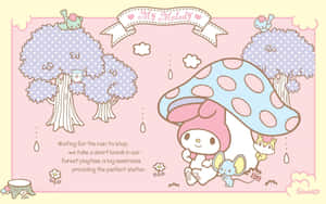 My Melody 和朋友們在奇幻森林中下雨時躲在蘑菇下。