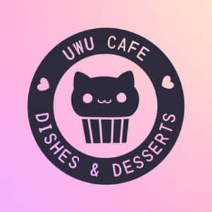Uwu Cafe 標誌，以粉紅色漸變背景上的黑貓杯子蛋糕為特色。