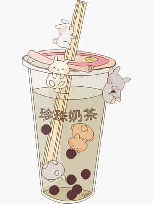 一個卡通泡泡茶杯，有兔子爬上蓋子並在裡面漂浮。