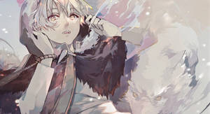 動漫男孩與狐狸同伴在魔法雪景中