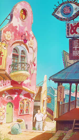 藍天下，動漫風格街道，粉紅色建築和日本標誌。