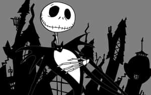 Jack Skellington 在詭異墓地中，有鬼屋和扭曲樹木。