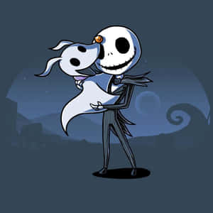 Jack Skellington 喺繁星夜空下擁抱佢嘅鬼魂狗 Zero。