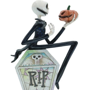 Jack Skellington 在刻有 RIP 的墓碑上手持南瓜燈。