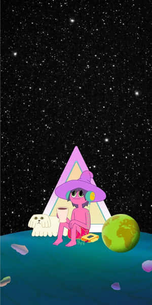 粉紅色女巫和狗在藍色星球上，地球在附近，背景是星空。