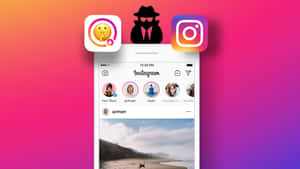 智能手機顯示Instagram應用程式，帶有海灘照片和浮動應用程式圖標，背景為彩色漸變色。