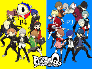 來自 Persona Q 的動漫角色由黃色和藍色背景及遊戲標誌分隔。