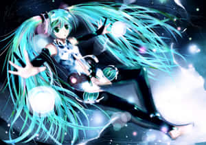 動漫女孩青綠色頭髮漂浮在太空中，被發光球體和星星包圍。