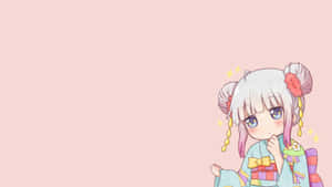 動漫女孩穿著色彩繽紛的和服，銀色頭髮帶有粉紅色點綴 — 簡約動畫 壁紙