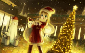 穿著聖誕老人服裝的動漫女孩在雪夜中靠近發光的聖誕樹擁抱雪人。