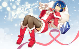 動漫女孩穿著喜慶的紅色服裝，拿著禮物盒，配有雪花和「Merry Christmas」文字。