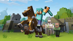 Minecraft 玩家騎馬，村民在城堡附近的草地上。