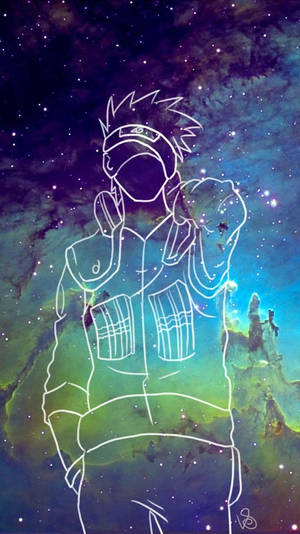 白色輪廓的動漫忍者剪影，以色彩繽紛的星空星雲天空為背景。 — 古勒比加 壁紙