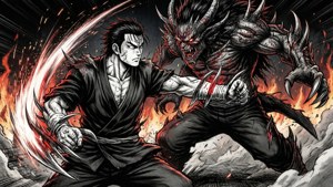 忍者在火焰打鬥場景中與惡魔怪物戰鬥