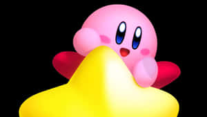 粉紅色 Kirby 角色從發光的黃色星星後面窺視。