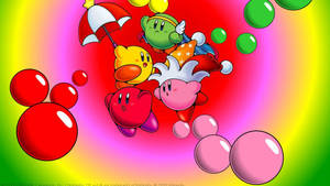 Kirby 和朋友們在彩虹背景中漂浮於彩色泡泡中。