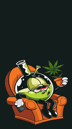 綠色外星人喺橙色扶手椅上揸住遙控器同一盆大麻植物。