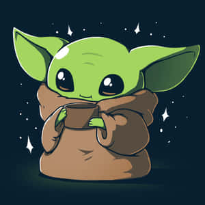 穿著長袍的尤達寶寶在星空下拿著一個杯子。