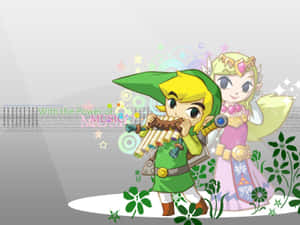 Link 在 Zelda 身旁，在花卉奇幻場景中吹奏陶笛。