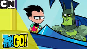 羅賓和野獸男孩在帶有Teen Titans Go標誌的藍色汽車裡。