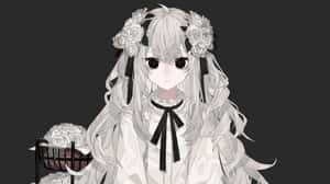 銀髮玫瑰的動漫女孩在深色背景前拿著一籃白玫瑰。
