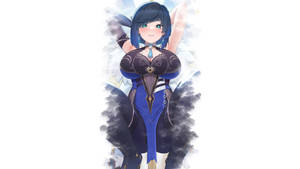 藍髮天使翼動漫少女，身穿藍色奇幻服裝。 — 原神 壁紙