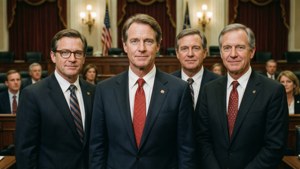 四位身穿西裝和領帶、正式著裝的男子站在立法會議廳中。