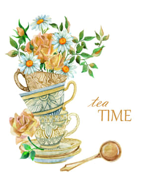 堆疊的茶杯裝滿鮮花，附有帶「tea TIME」文字的湯匙。 — Pixel Fold 壁紙