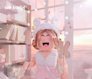 一個戴著兔耳和粉色服裝的開朗Roblox角色在夢幻粉彩房間裡。