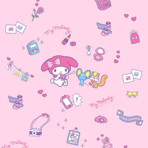 My Melody 和朋友們在粉紅色背景上拿著相機和心形。