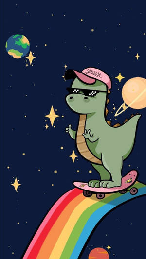 一隻卡通恐龍在外太空的彩虹上玩滑板，周圍有行星和星星。