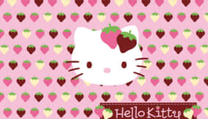 Hello Kitty 角色戴著士多啤梨蝴蝶結，背景為士多啤梨圖案。