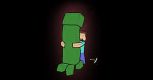Minecraft角色擁抱綠色方塊，附近有鎬。