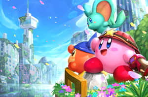 Kirby 和一隻青綠色生物坐在長椅上，身處色彩繽紛的城市，有花朵和飄落的花瓣。