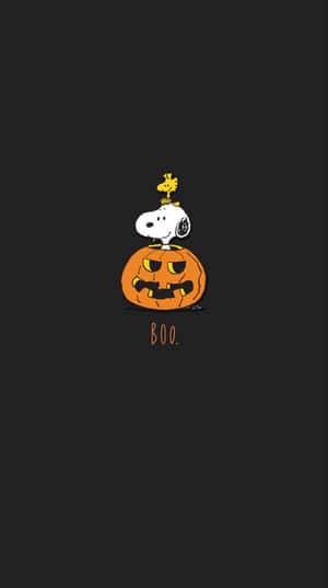 史努比和胡士托在萬聖節南瓜上，帶有 'BOO' 字樣。