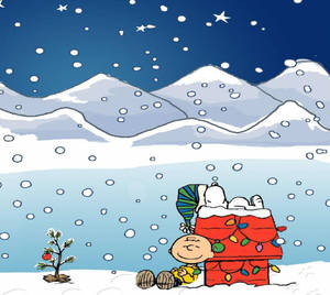 查理布朗和史努比在雪地裡，有聖誕燈飾和樹