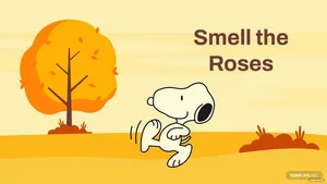 史努比喺秋天田野入面跑,有金色樹同 'Smell the Roses' 字句。