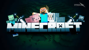 Minecraft遊戲標誌，帶有像素化角色如Steve、喪屍和豬人。
